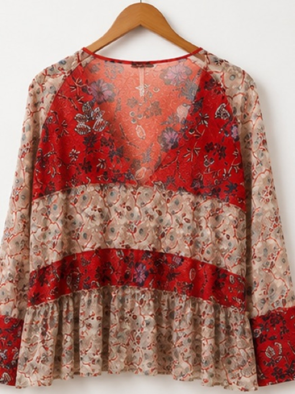 Free People Red and Cream Floral V-Neck Tiered Blouse
